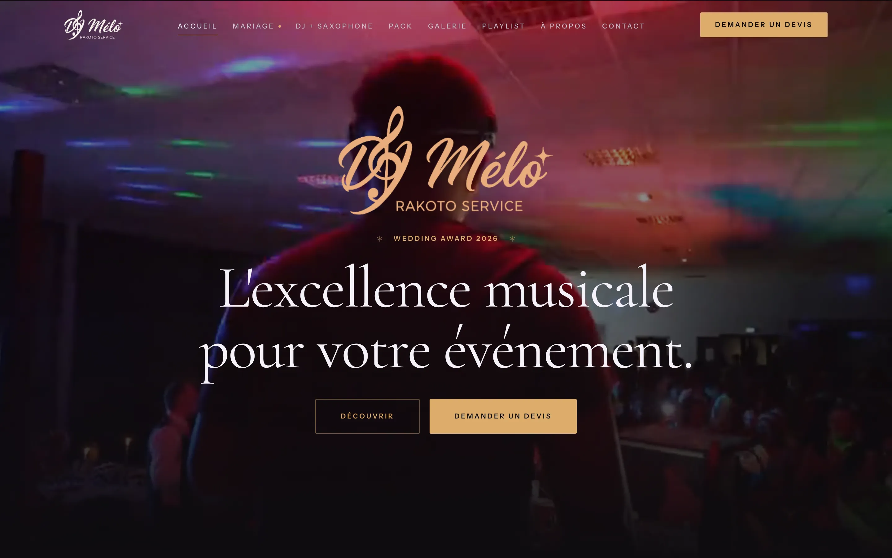 Page d’accueil du site djmelo.fr : logo DJ Mélo et bouton « Demander un devis »