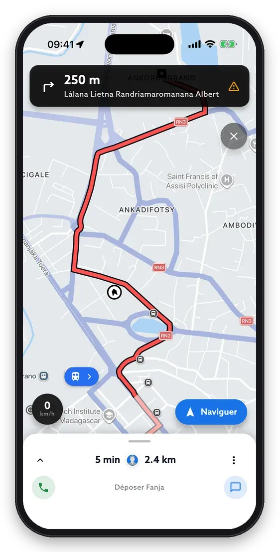 Application chauffeur Misy pendant la course, itinéraire vers la dépose