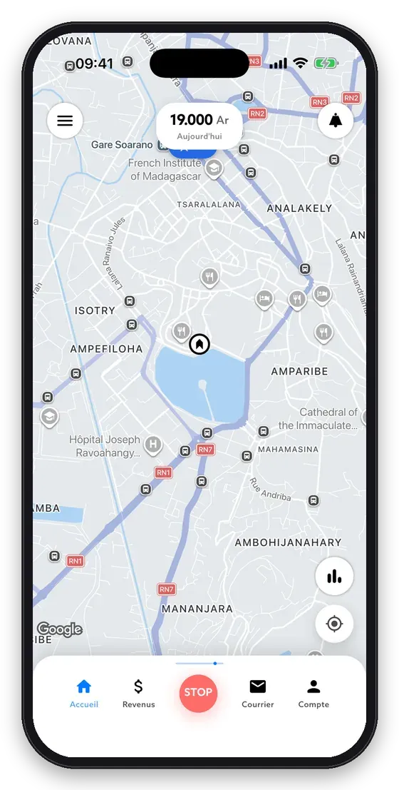 Application chauffeur Misy en ligne sur la carte d’Antananarivo, gains du jour en haut