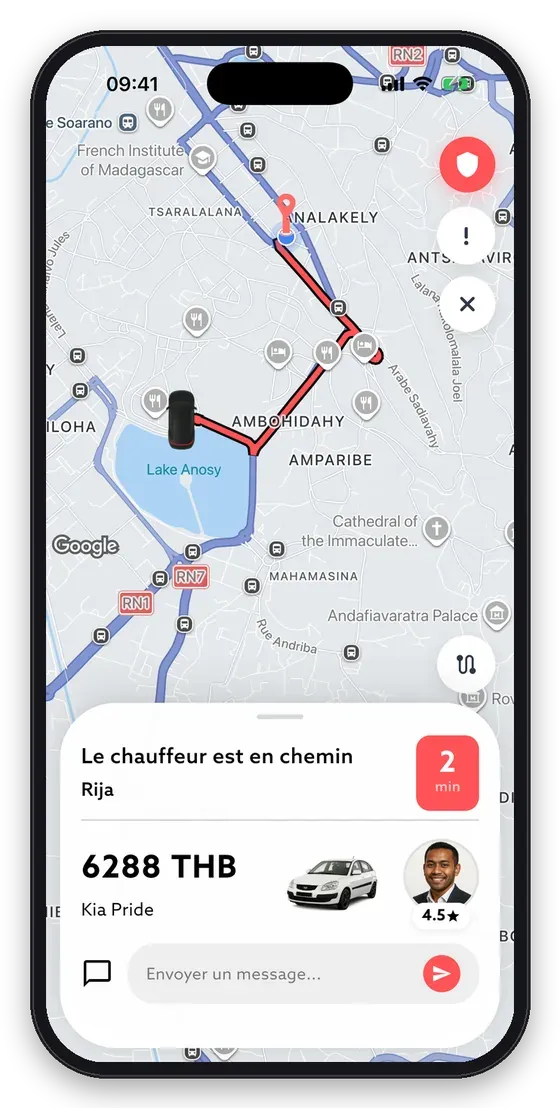 Application passager Misy : chauffeur en route, plaque et modèle du véhicule, temps d’arrivée