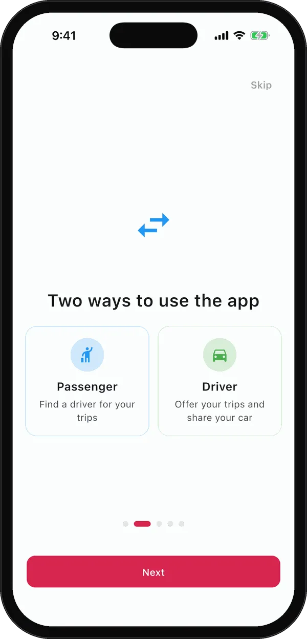 Application Zigra : écran d’accueil « Two ways to use the app », passager ou conducteur