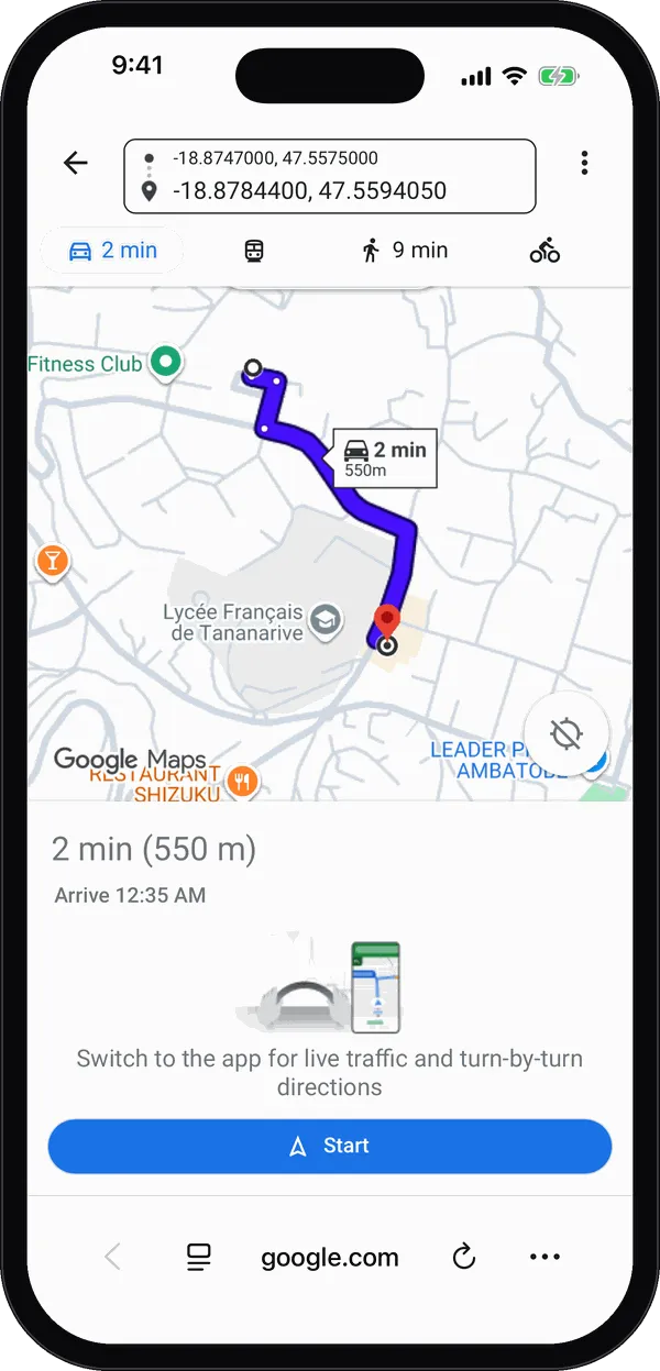 Application Zigra côté conducteur : itinéraire vers le point de prise en charge du passager