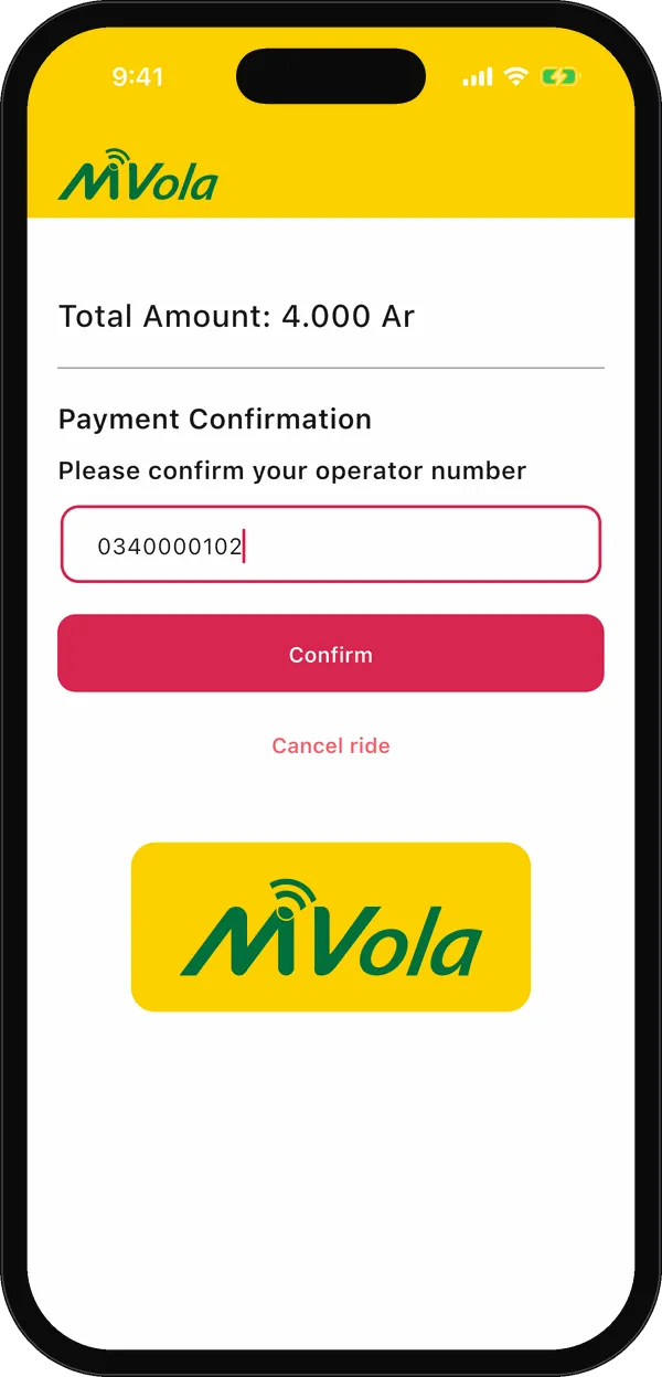 Application Zigra : confirmation du paiement par MVola