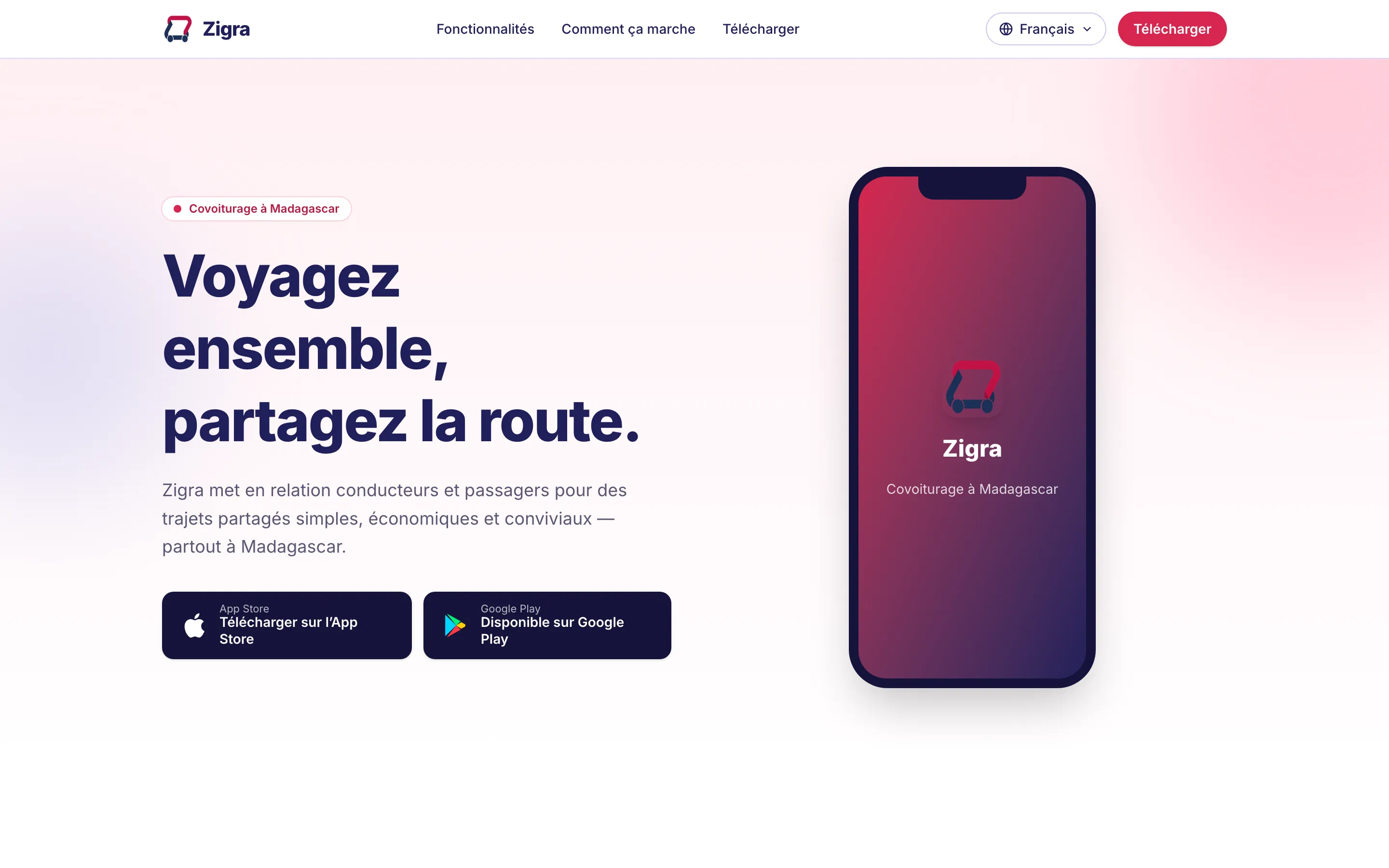 Page d’accueil de zigra.app : « Voyagez ensemble, partagez la route »